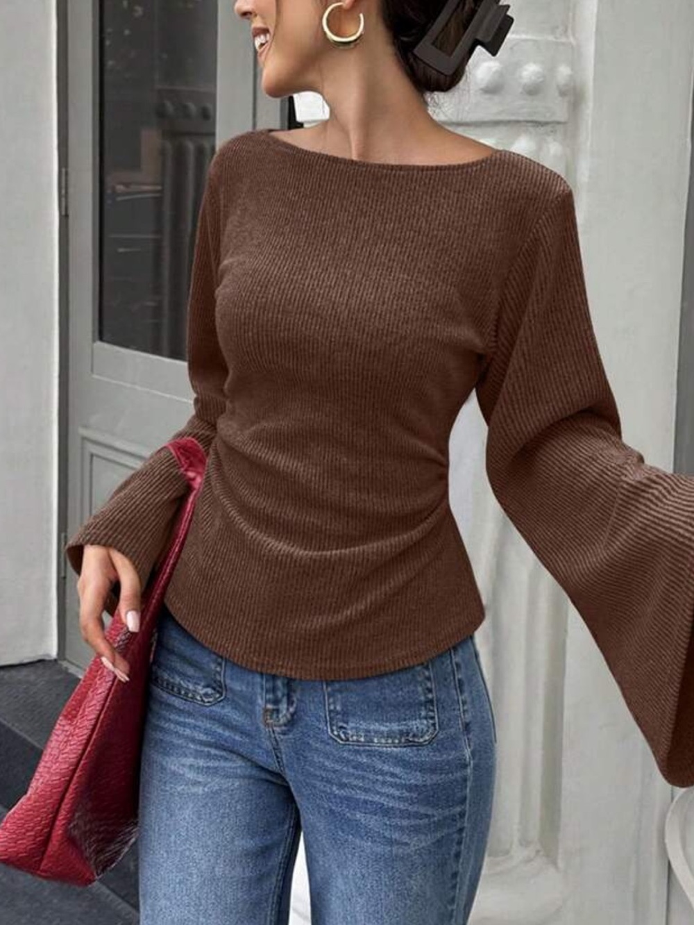 Women's Brown Bell-Sleeve Knit Sweater
